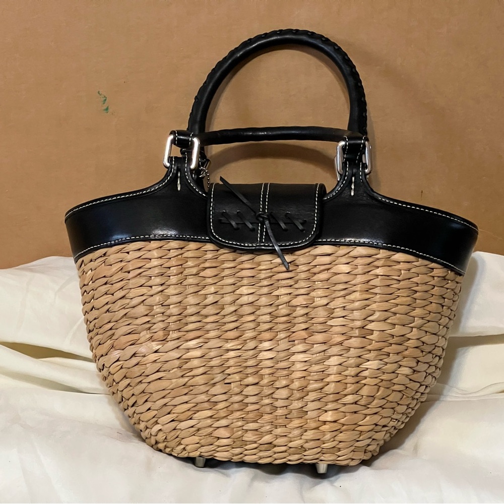 Coach Black Leather & Natural Woven Straw Bucket Tote - Picture 2 of 4